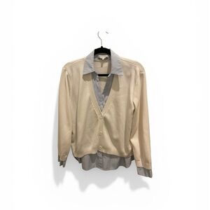 Layered V-Neck Cardigan with Shirt Detail - White/Blue
